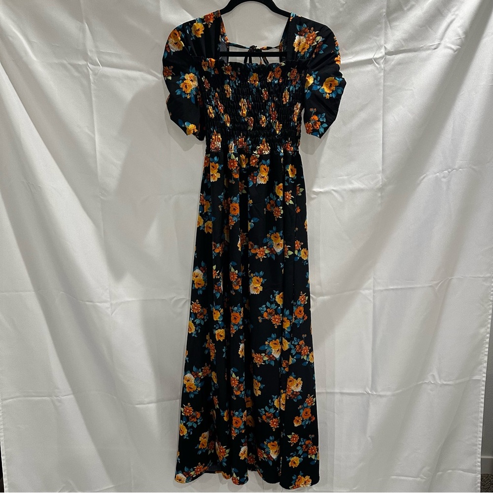 Elegant Floral Maxi Dress in Black and Orange